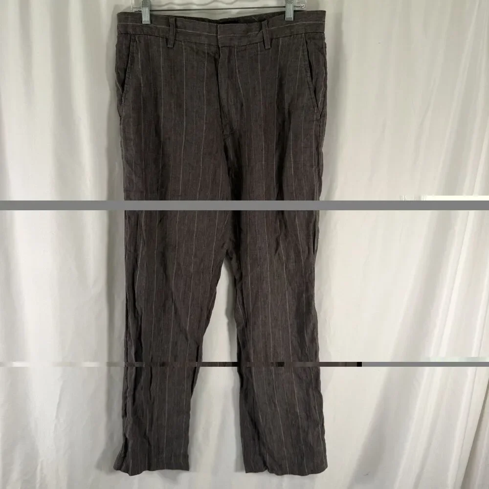 Banana Republic 100% Linen Pants Men's 31x32 Brown Striped Flat Front Bootcut